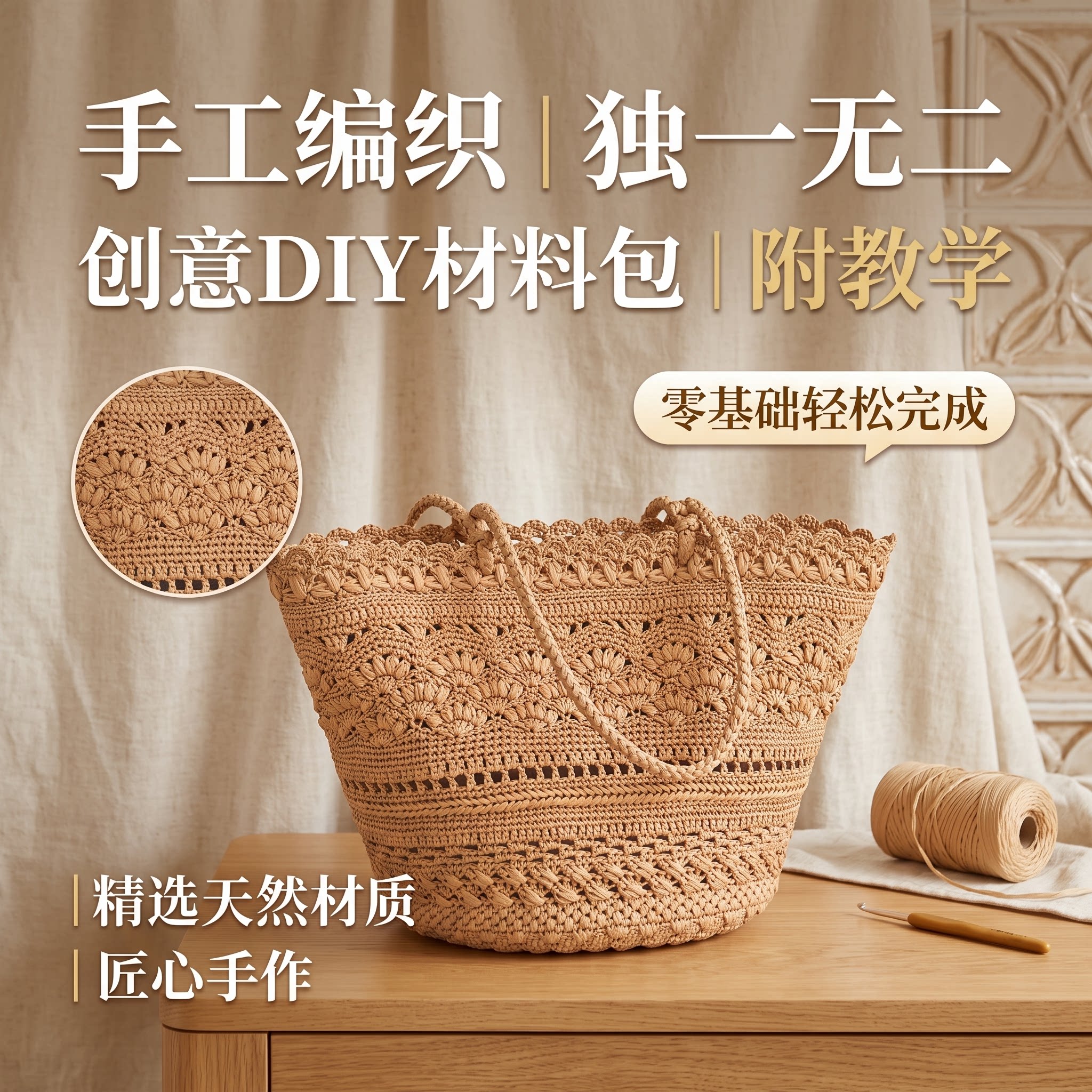 手工钩针拉菲棉草大容量托特包