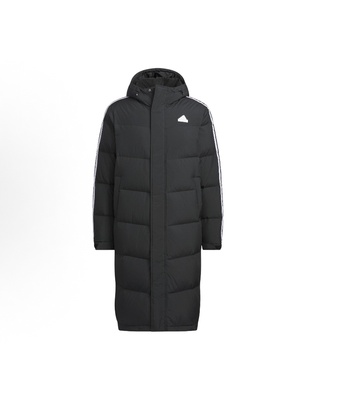 adidas LONG DOWN 条纹防水长款绗缝羽绒服 男女同款 黑色JM9122