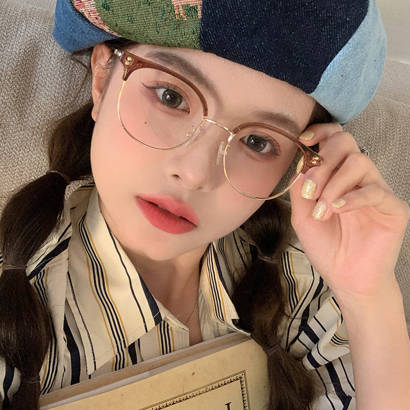 韩版超轻半框眼镜近视女可配度数素颜冷茶色椭圆框装饰眼睛框镜架