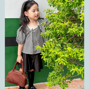 田果果品牌童装夏季韩版格子娃娃领泡泡袖短袖上衣女小童百搭衬衫