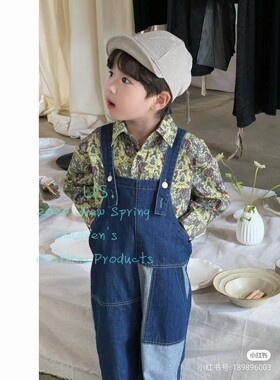 US品牌童装25春季新款拼接撞色软牛仔背带裤男女童牛仔背带裤