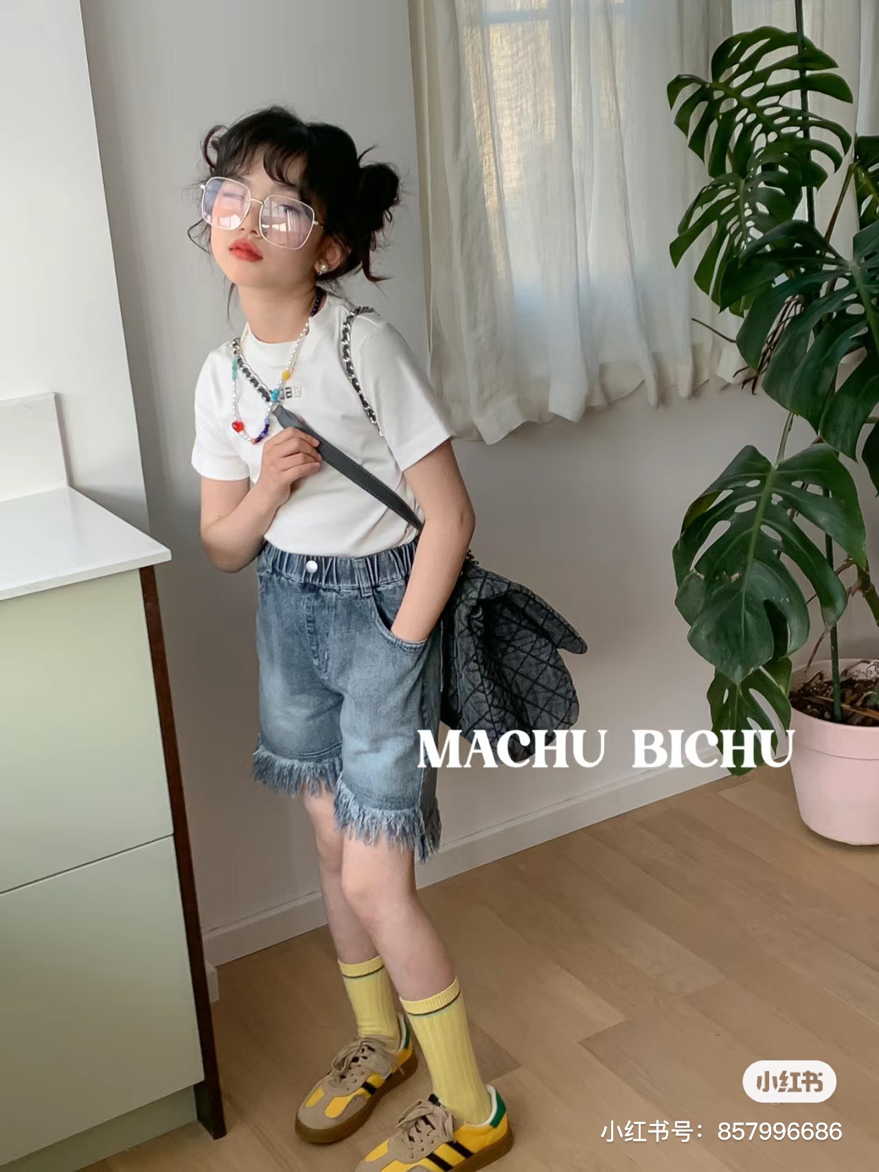 马丘品牌童装女大童字母净版显瘦棉弹力短袖T恤百搭流苏牛仔短裤
