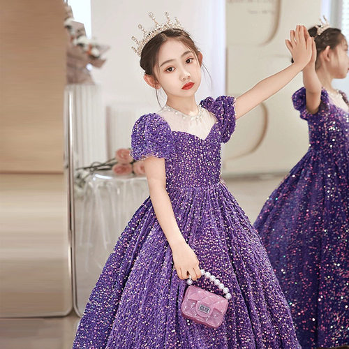 紫色礼服女童时尚公主裙六一儿童节主持人朗诵走秀钢琴演奏演出服