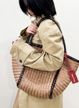 正品意大利VIPERA拼色系列手工牛皮编织托特包菜篮子包女包大号