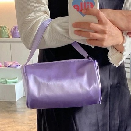 HAI英国小众复古手工圆筒包手提拎包女真丝桑蚕缎面纯色高级ins风