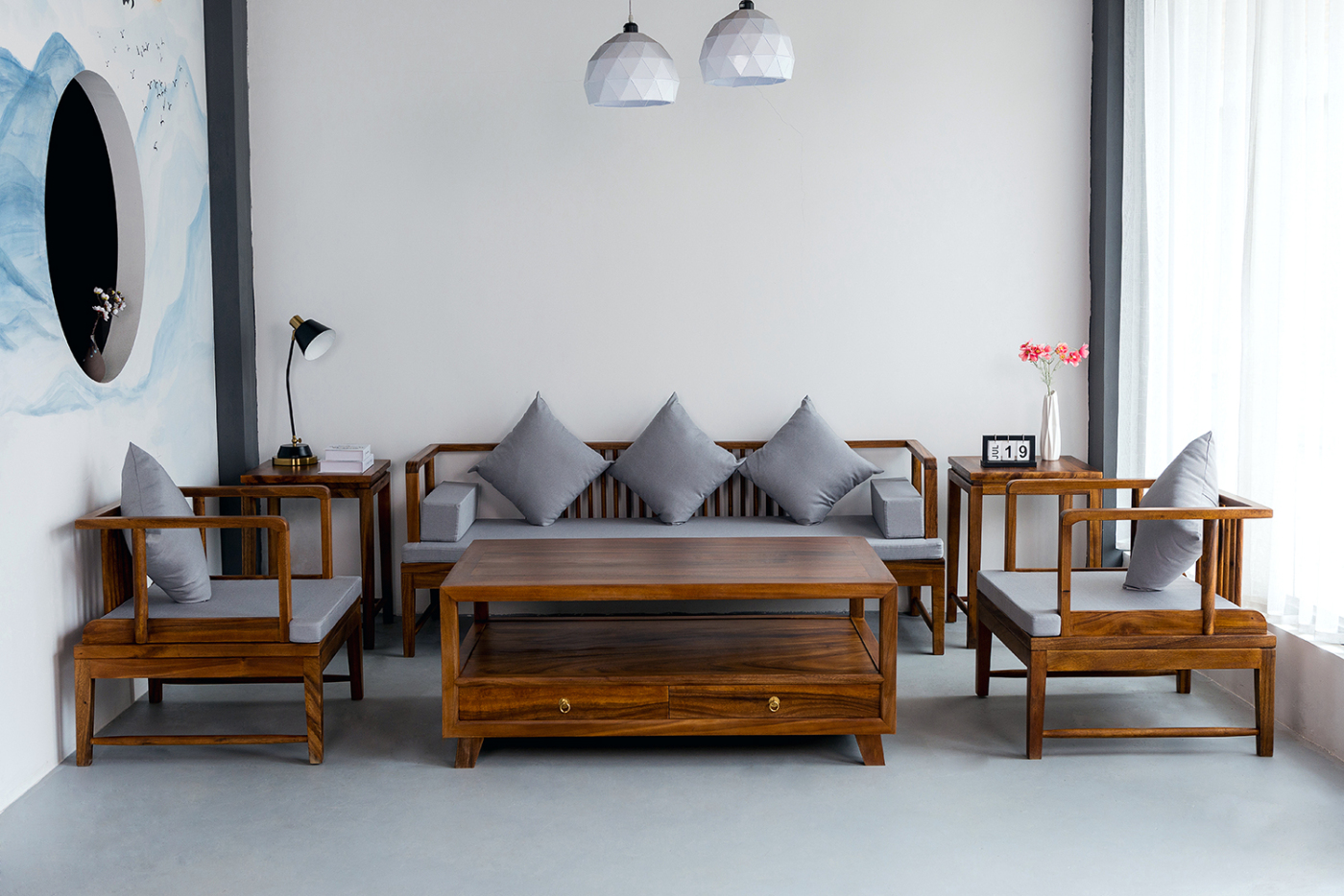 1+1+3南美胡桃木观云沙发6件套实木小户型客厅胡桃木中式