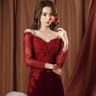 出租敬酒服新娘结婚礼服新款大气宴会酒红色主持丈母娘婚礼服裙