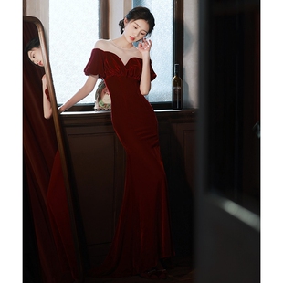 出租敬酒服新娘小个子平时可穿订婚鱼尾连衣裙酒红色礼服裙高级感