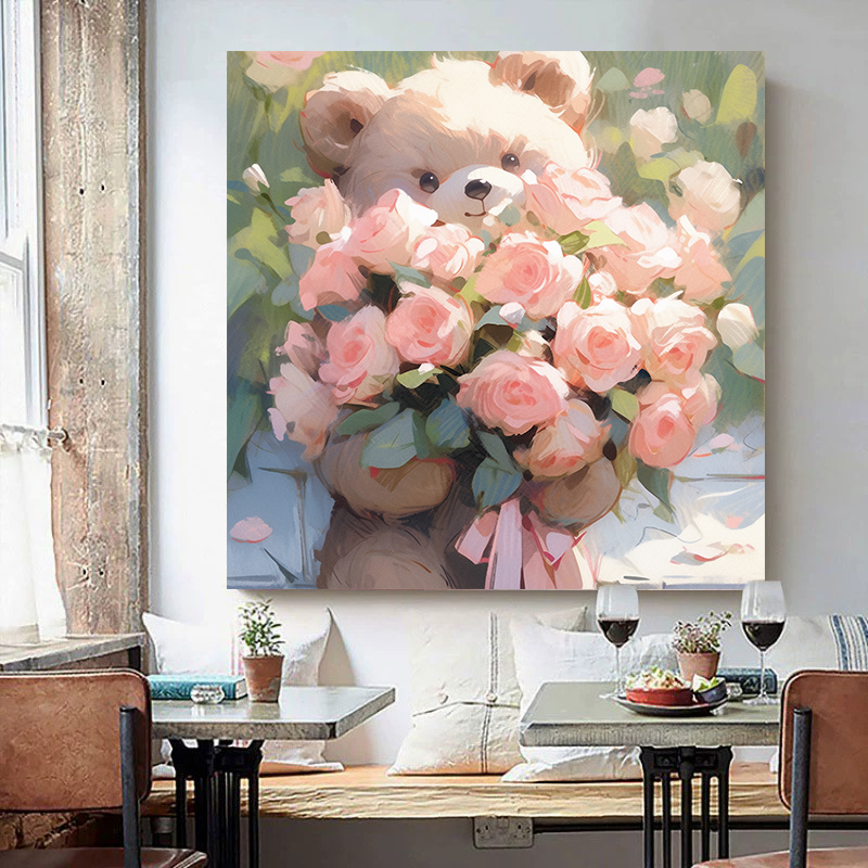 可爱治愈系玩具动物玩偶小熊抱玫瑰花diy数字油画手绘家居装饰画图片
