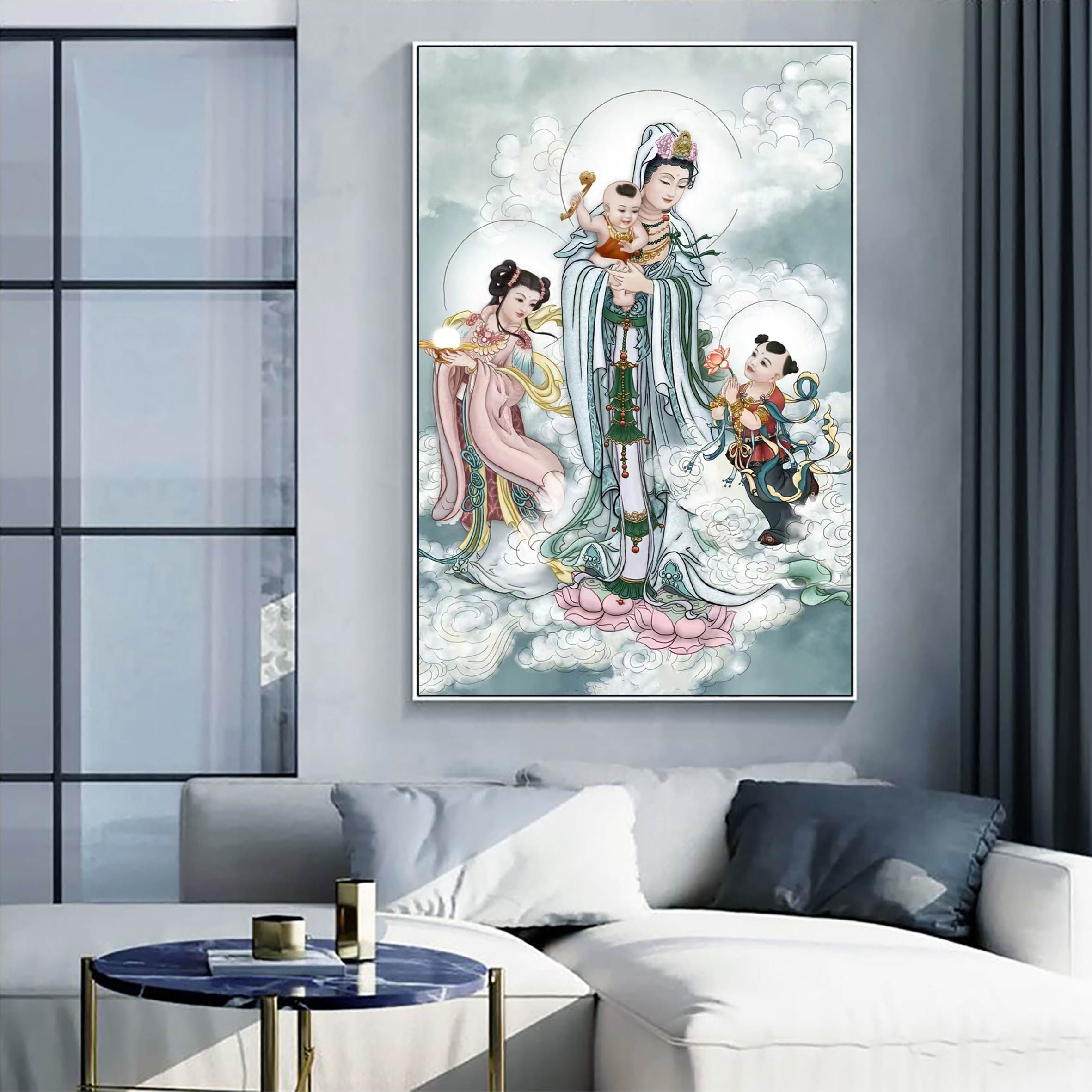 中式禅意南无观音大世菩萨唐卡佛像diy数字油画玄关家居装饰画
