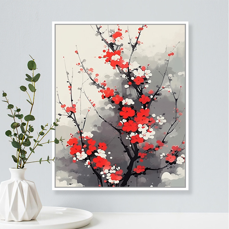 国风手工梅花风景diy数字油画填色减压涂鸦填色手绘客厅装饰画