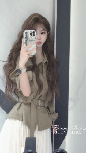 LISEYEN设计师原创 豆绿卡其色薄款短风衣有内衬 夏季半身裙套装