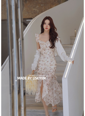 LISEYEN设计师花色清新淡雅收腰山茶花连衣裙 断码清仓价