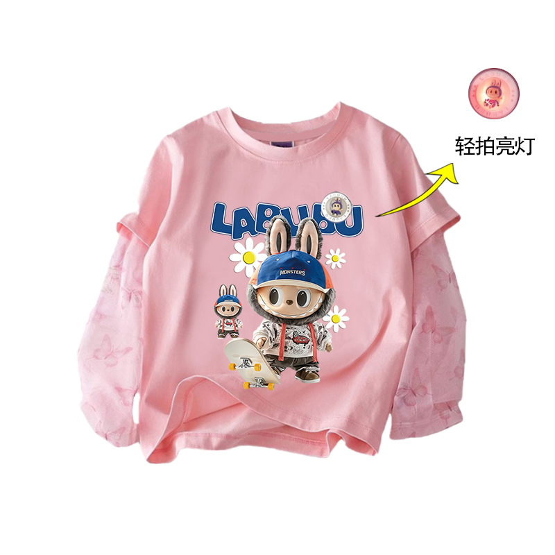WASSUP拉布布T恤纯棉男女童夏秋labubu防晒服防蚊假两件上衣冰袖
