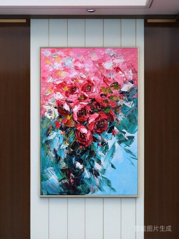 手绘油画挂画客厅玫瑰花玄关装饰画纯手工花卉抽象成品画竖版定制