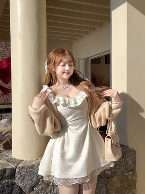 茄茄西米[云朵奶盖] 奶白色肌理感连衣裙显瘦高腰千金温柔气质女