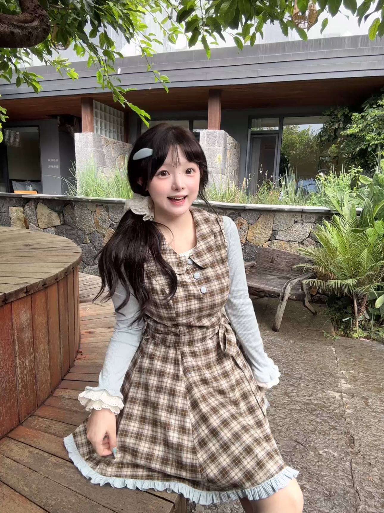 茄茄西米原创[焦糖兰屿]秋季蓝色格纹背心娃娃领连衣裙收腰韩系