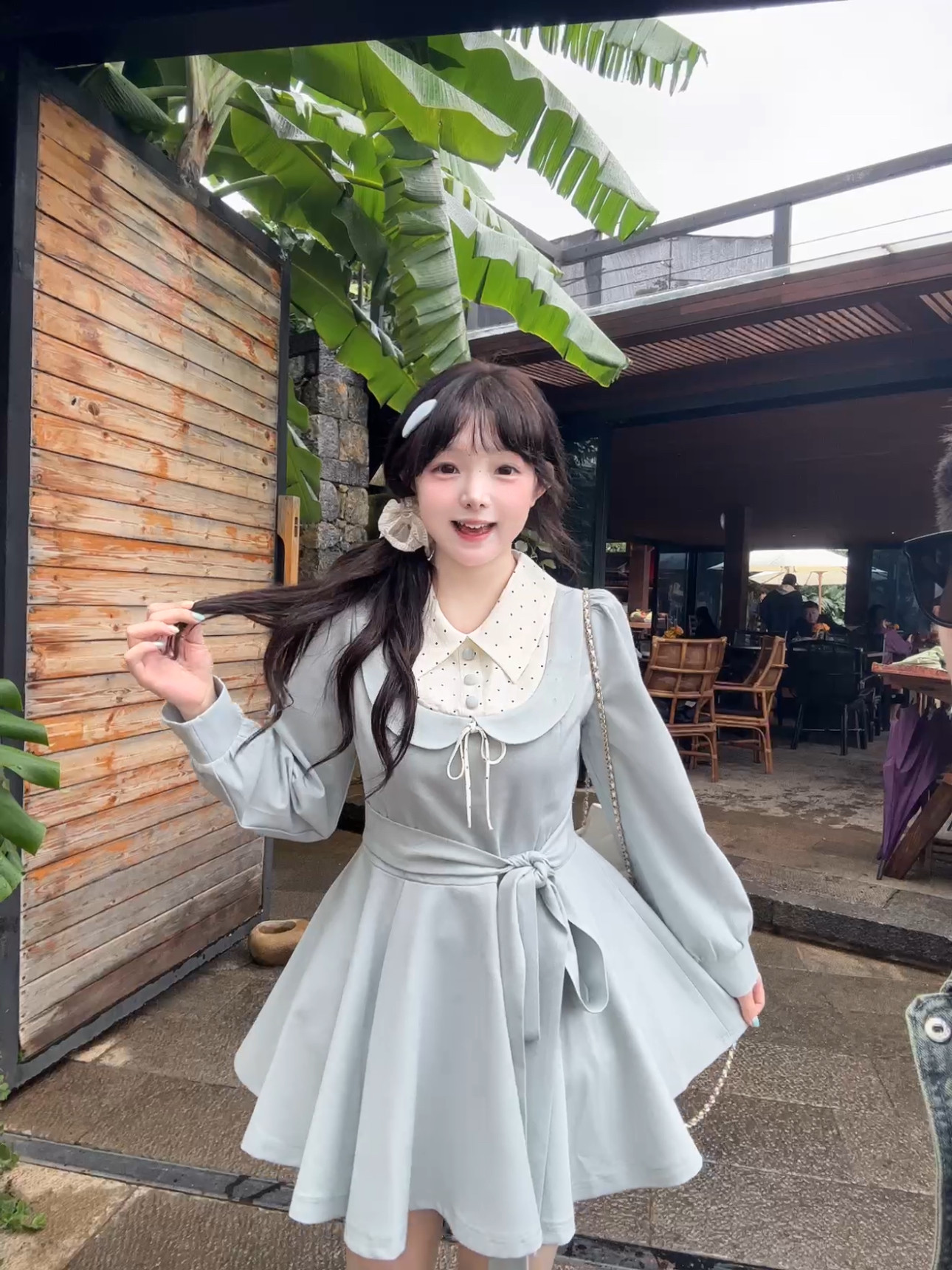 茄茄西米原创[贝壳海盐]早秋蓝色系波点收腰连衣裙甜美清新温柔风