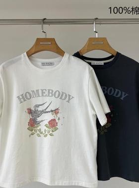 wk新款印花T恤ins风复古简约韩系休闲纯棉短袖上衣圆领纯棉宽松