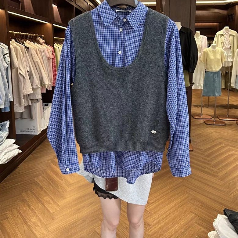 MAKE家mmt新款格子衬衫针织背心