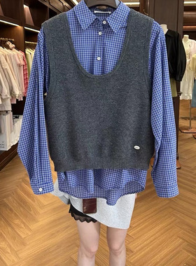 MAKE家mmt新款复古格子衬衫针织背心U领马甲简约通勤韩系经典百搭