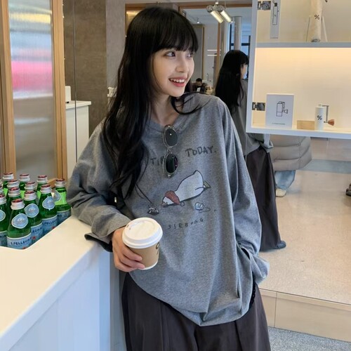 hone韩系简约圆领长袖T恤花边