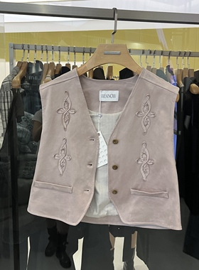 wk新款复古麂皮马甲女式刺绣V领单排扣中古风简约百搭高级感马夹