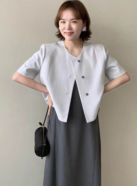 MOOTEA小香风短袖外套圆领单排扣简约韩系职场通勤高级感百搭上衣