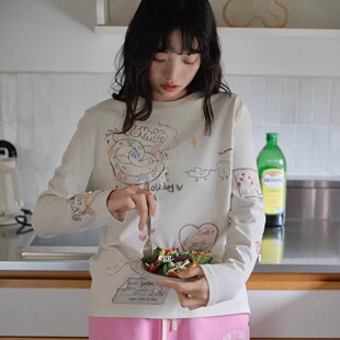 egg新款 韩系简约百搭通勤上衣 棉T恤长袖 圆领创意印花可爱甜美时尚