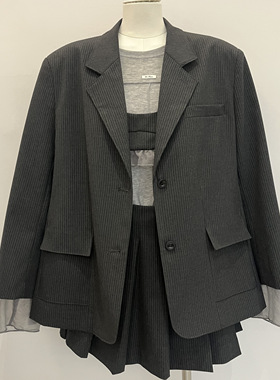 wk家秋新款西装外套拼接网纱袖口条纹套装韩系连衣裙百褶半裙马甲