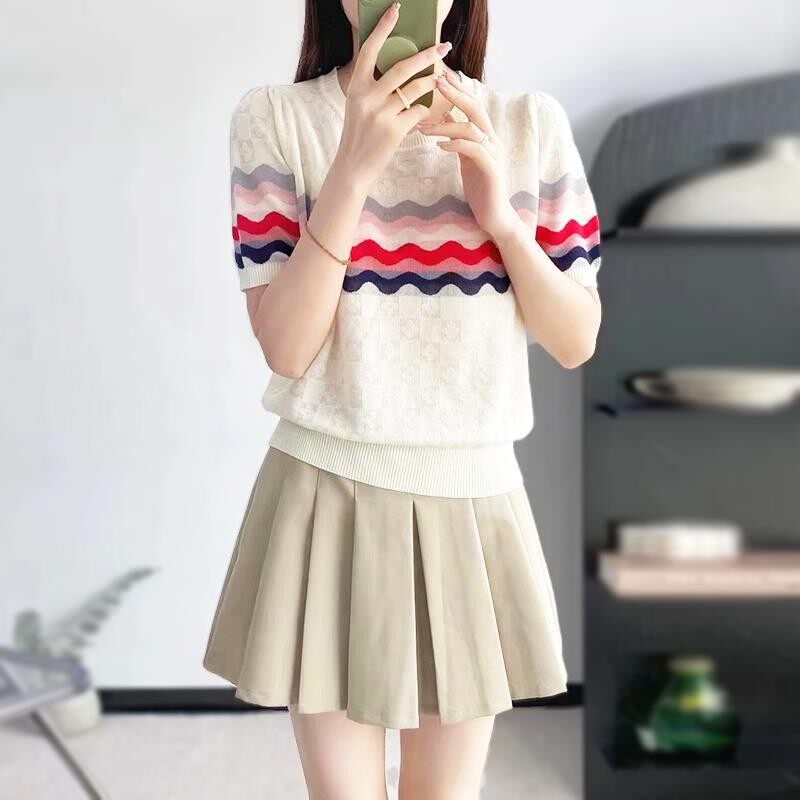 彩虹波浪提花条纹2024春装新款小花方格薄款短袖针织衫T恤上衣女