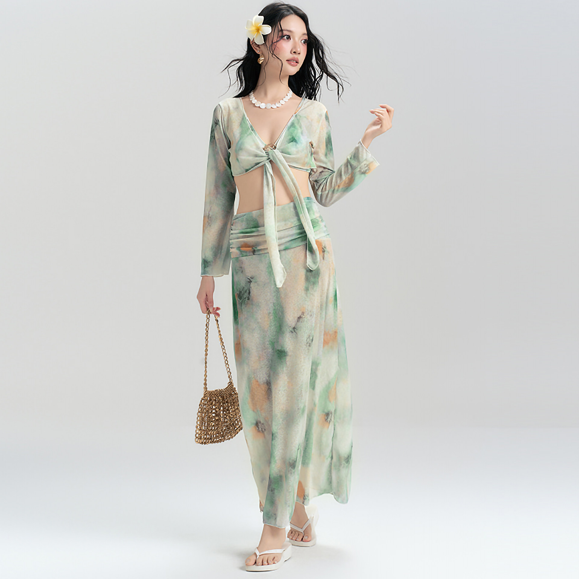 泳衣女分体四件套比基尼长裙式度假风水墨印花罩衫温泉高级感泳装