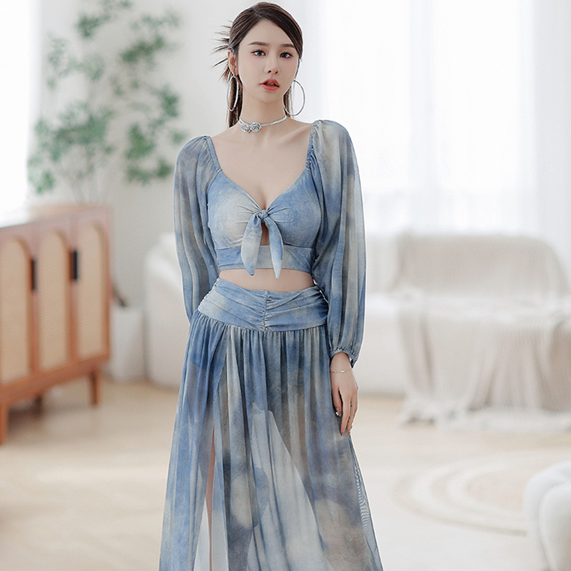 泳衣女分体三件套复古扎染印花抹胸开叉半身长裙温泉海边度假泳装