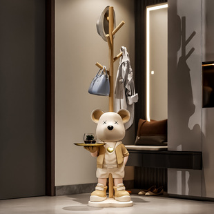 爱心熊托盘落地实木衣帽架大摆件家居软装 感进门玄关收纳 实用仪式