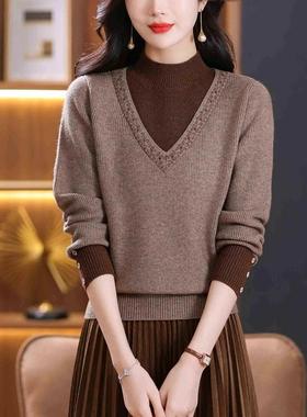 LILY MOST假两件撞色羊毛衫女2024秋冬时尚半高领短款毛衣针织衫