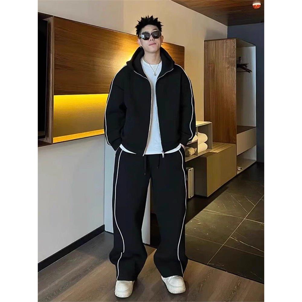 潮牌高端秋季男士时尚街头风休闲运动套装拼色连帽卫衣卫裤两件套