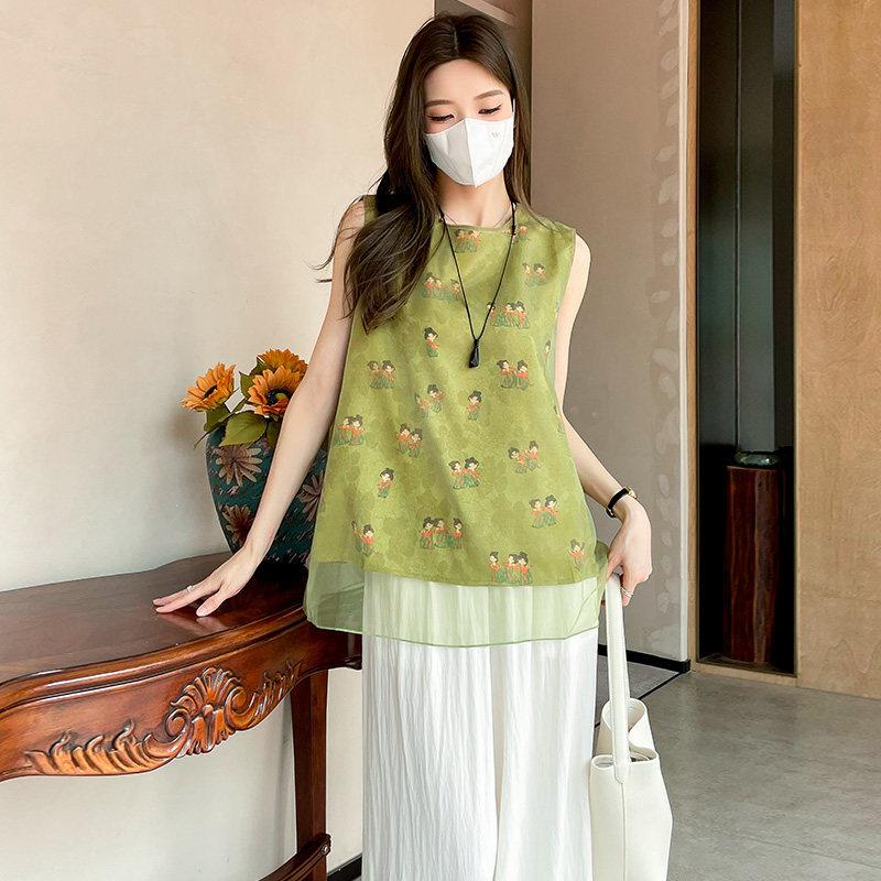 高档时尚新中式国风印花无袖背心女夏新款精致轻奢感宽松显瘦衬衫