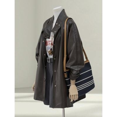 深棕色皮衣外套女士2025春秋新款美式覆古气质休闲百搭中长款夹克