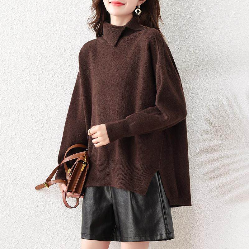 复古慵懒风咖色高领毛衣女冬季新款宽松显瘦设计感开叉针织衫上衣,女装/女士精品,大码内搭,淘宝优惠券,粉丝福利购,淘宝优惠卷