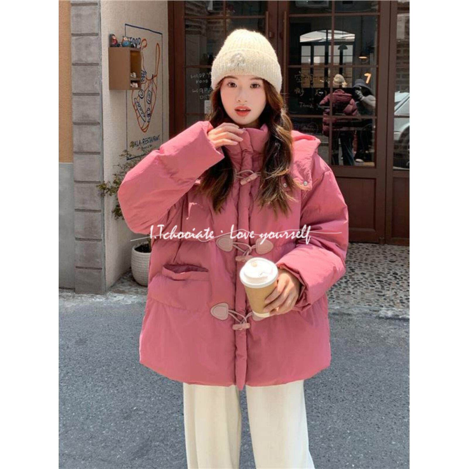 I.Tchooiate树莓粉短款牛角扣羽绒服女2025冬款小个子白鸭绒外套