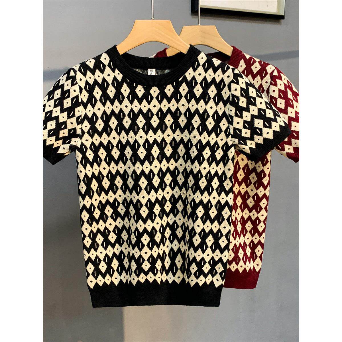 男士菱格修身短袖针织衫潮流圆领撞色休闲线衫痞帅青年时尚打底衫