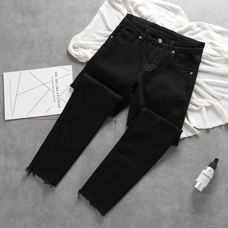 潮牌春秋季黑色牛仔裤男士潮流假破洞修身小脚裤简约休闲九分裤男