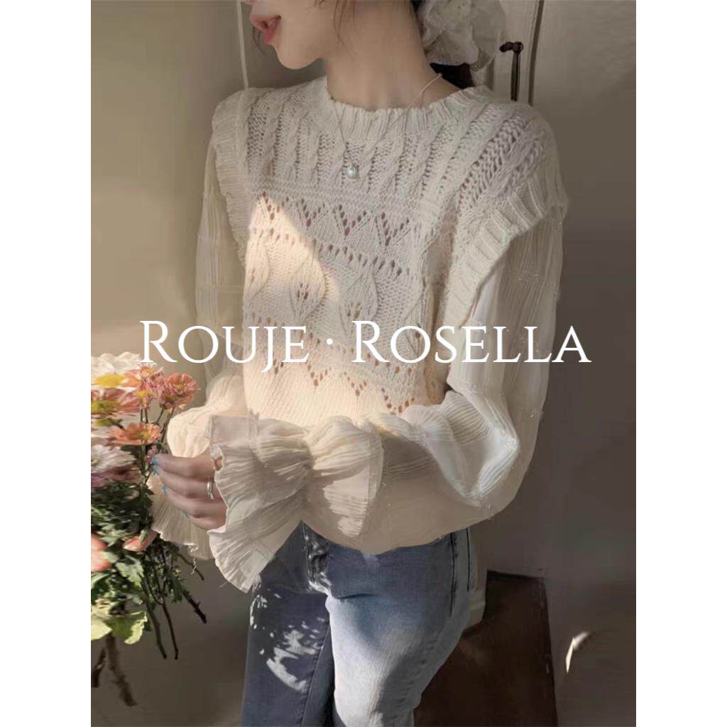 法国Rouje Rosella⭐镂空杏色毛衣女早秋雪纺拼接泡泡袖针织上衣
