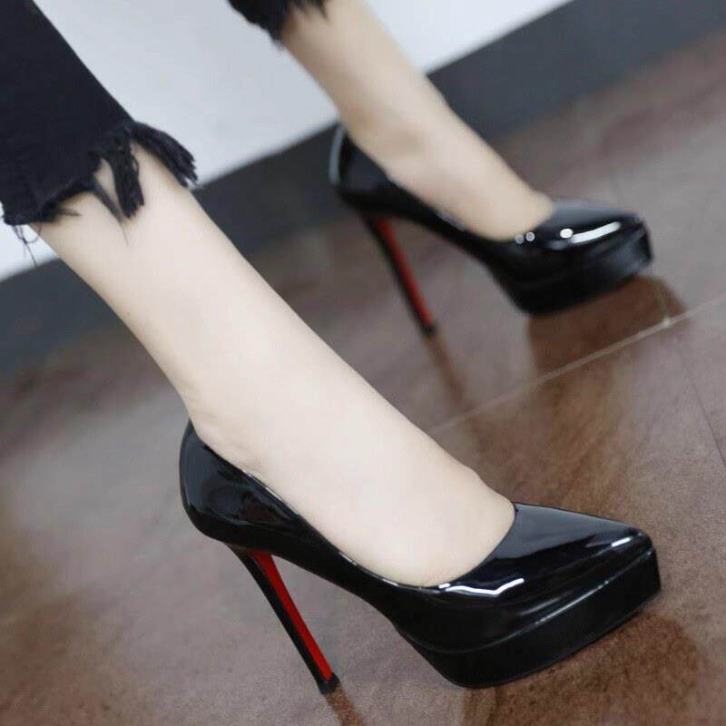 御姐性感黑色红底高跟鞋女防水台厚底小个子单鞋细跟12公分不累脚