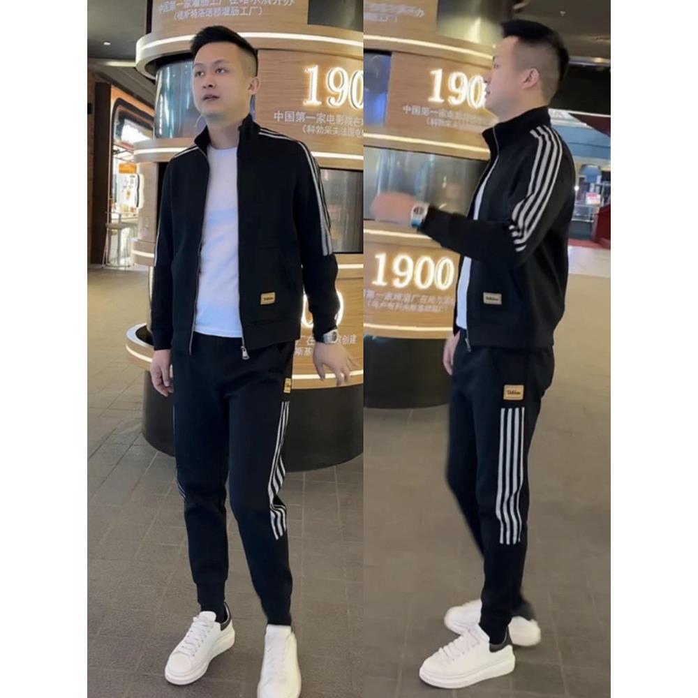 轻奢2025秋冬两件套男款痞帅韩版拼色条纹修身休闲三条杠运动套装