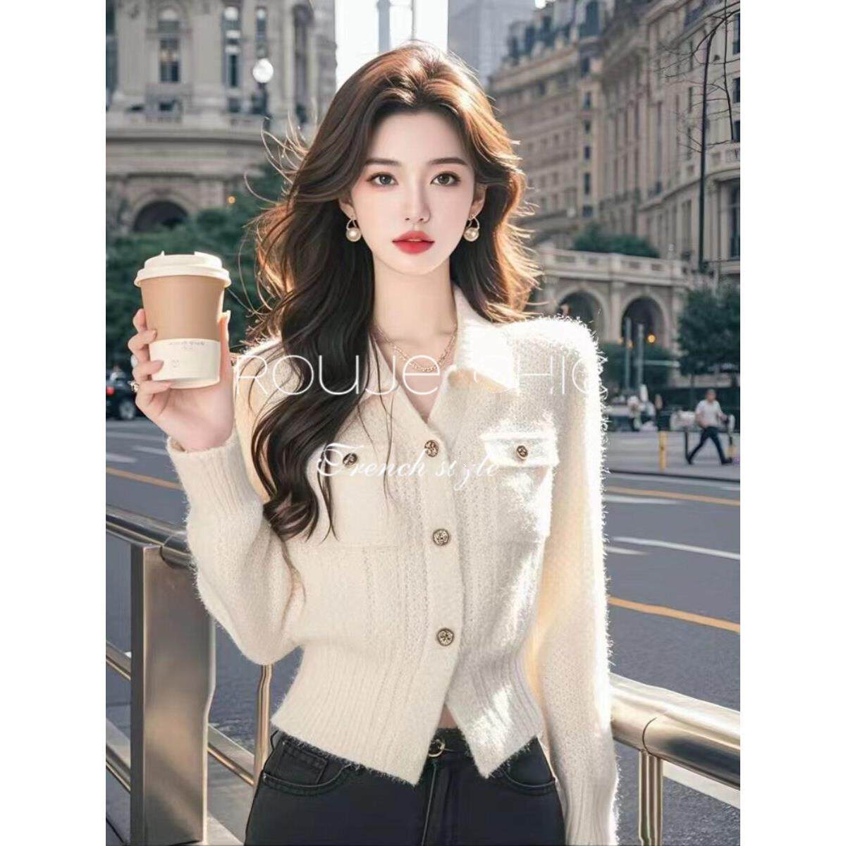 法国rouje chic法式简约高级感白色polo领收腰针织衫女秋冬季毛衣