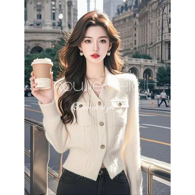 法国rouje chic法式简约高级感白色polo领收腰针织衫女秋冬季毛衣