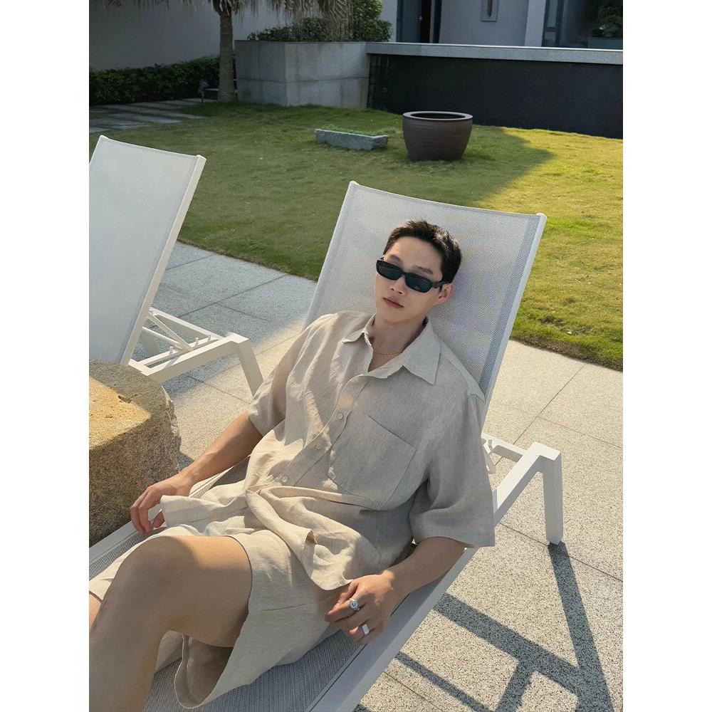高端慵懒松弛感度假夏季套装男士轻薄天丝亚麻衬衫搭配短裤一整套