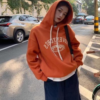 日系橘色连帽卫衣女秋冬时髦洋气宽松抽绳加绒加厚冬装外套上衣