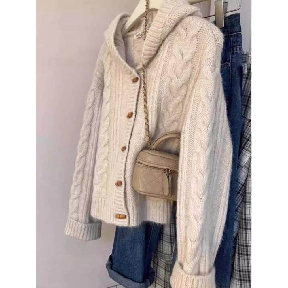 秋冬连帽羊绒覆古提花外搭开衫女宽松显瘦纯色100羊毛衫针织外套